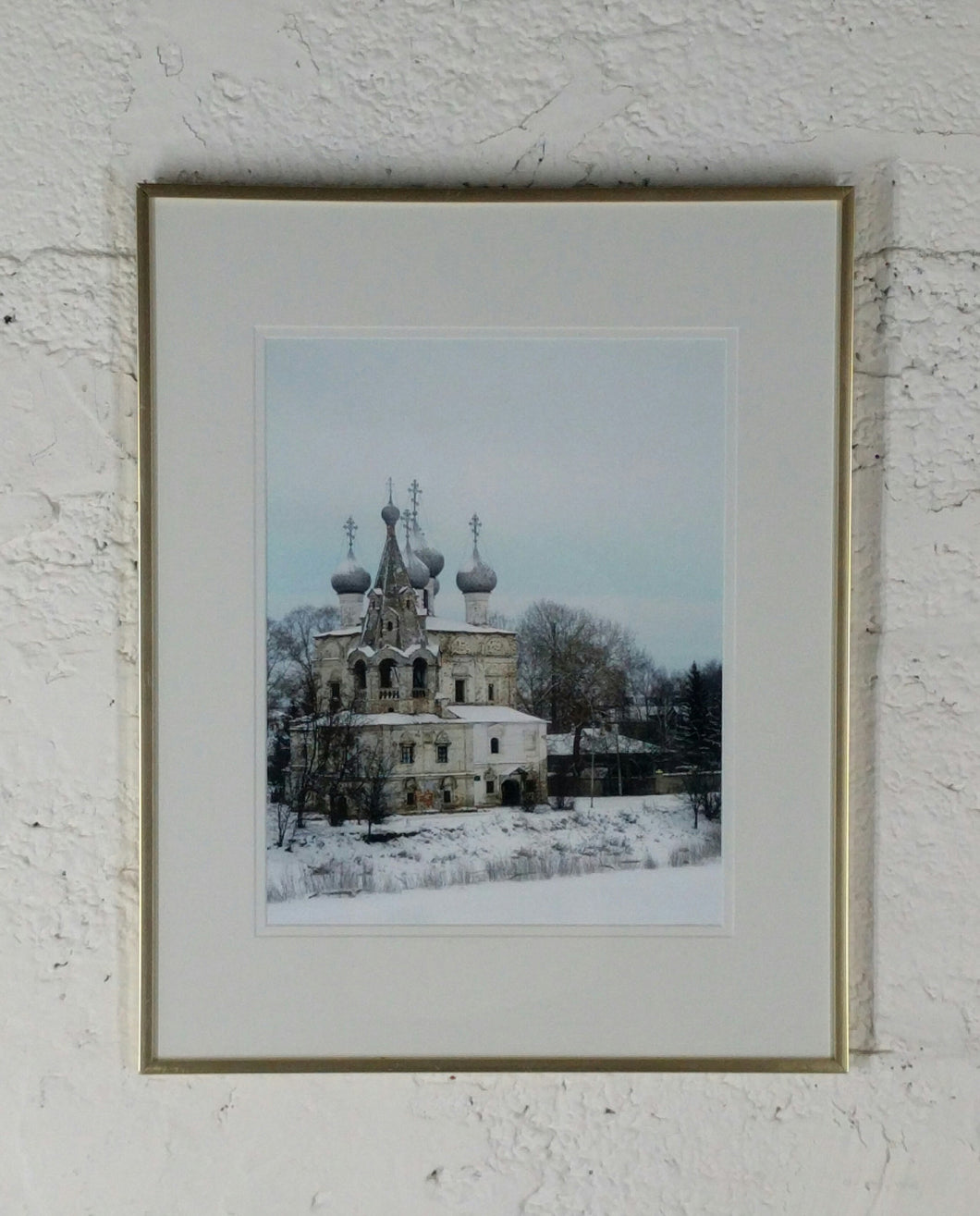 2031 Gilt Framed Eastern Orthodox Church With Trees and Snow