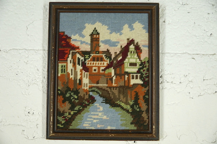 4004 Needlepoint Portrait of a Town With River Folk Art