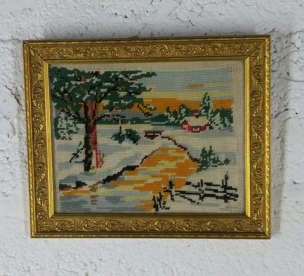 4008 Snow Landscape in Needlepoint Folk Art Gold Frame