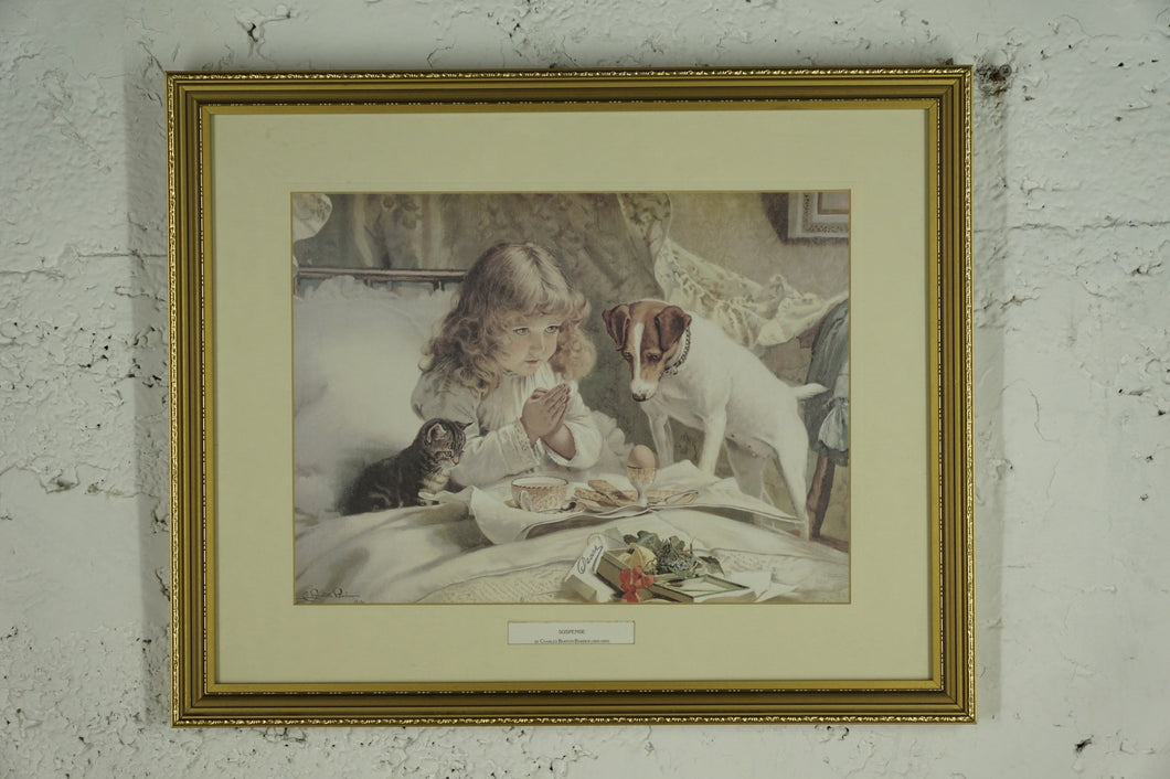 J-1000 Girl Praying in Bed With Cat and Dog Gold Frame