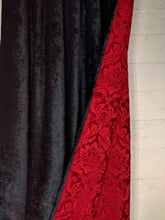 Load image into Gallery viewer, 9016 - Black / Red Flocked Damask - Double Sides. Rod Pocket
