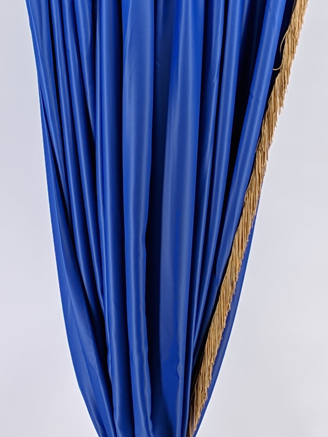 9089 - Blue Poly Satin, with gold fringe. Pinch Pleat