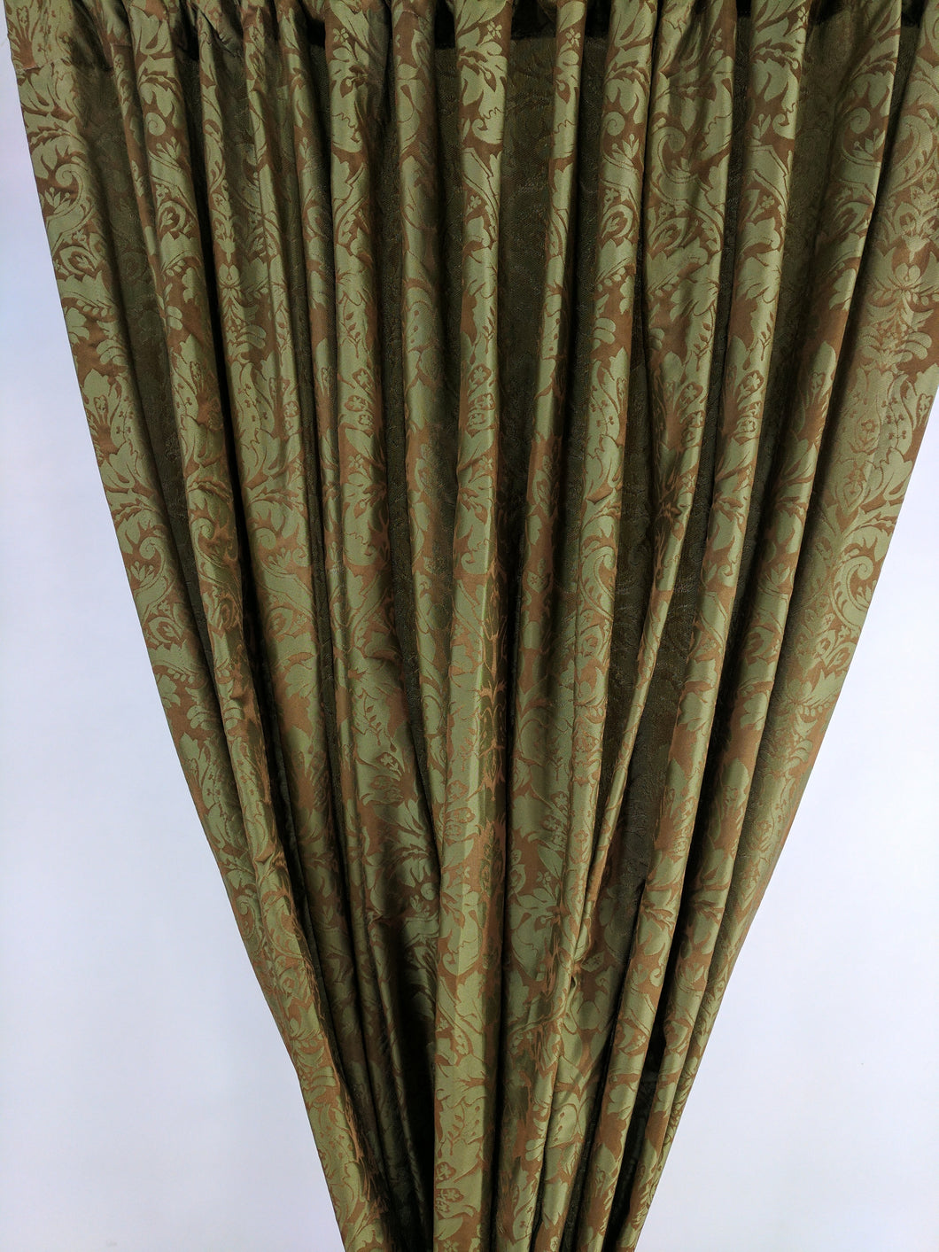 9053 - Green/Gold Tone on Tone Silk Damask - Trimmed, With full tassel trimmed valance