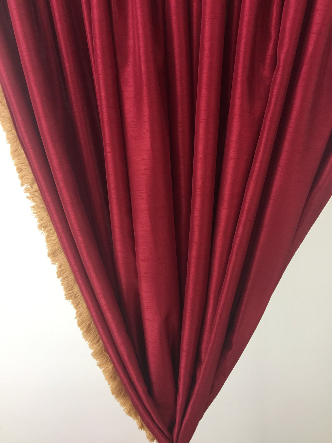 9061 - Red Silk with gold brush trim and fully trimmed swag valances